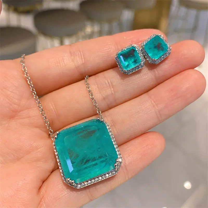 

New Square Paraiba Tourmaline Aquamarine Jewelry Set Diamond Pendant 925 Sterling Silver Necklace Wedding Anniversary Gift