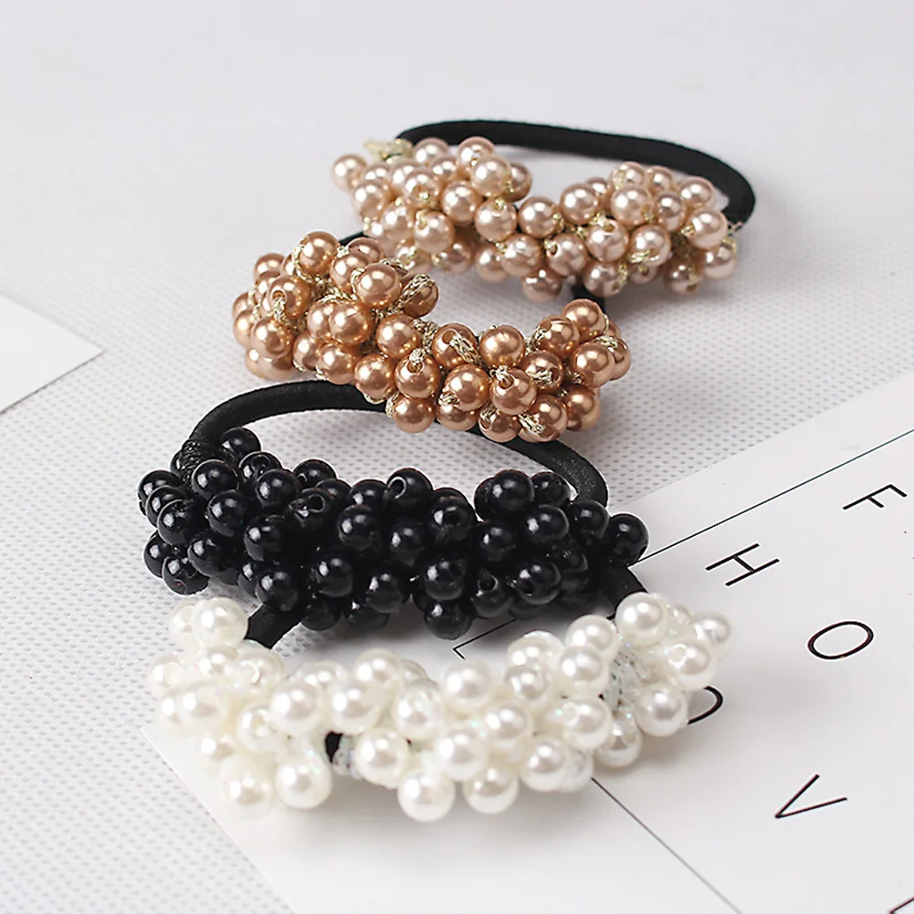 

Fashion Rope Scrunchie Ponytail Holder White Black Champange Faux Pearl Beads Elastic Hair Bands Hair Accessories for Women