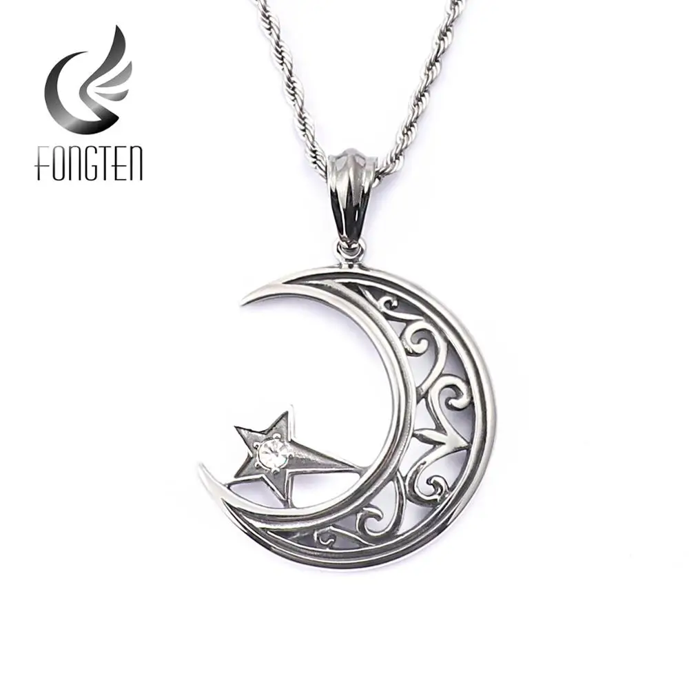 

Fongten Islamic Charm Crescent Suspension Moon Pendant Necklace Stainless Steel Zircon Vintage Pendants Male Fashion Jewelry