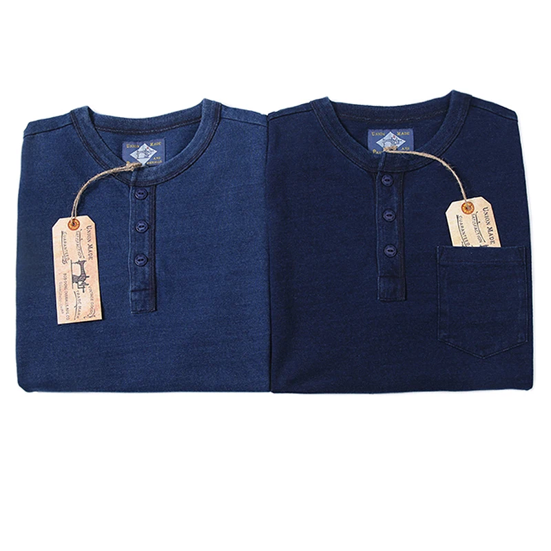 

BOB DONG 2021 Indigo Henley Plain T-Shirts Vintage Short Sleeve Men's Pocket Tee