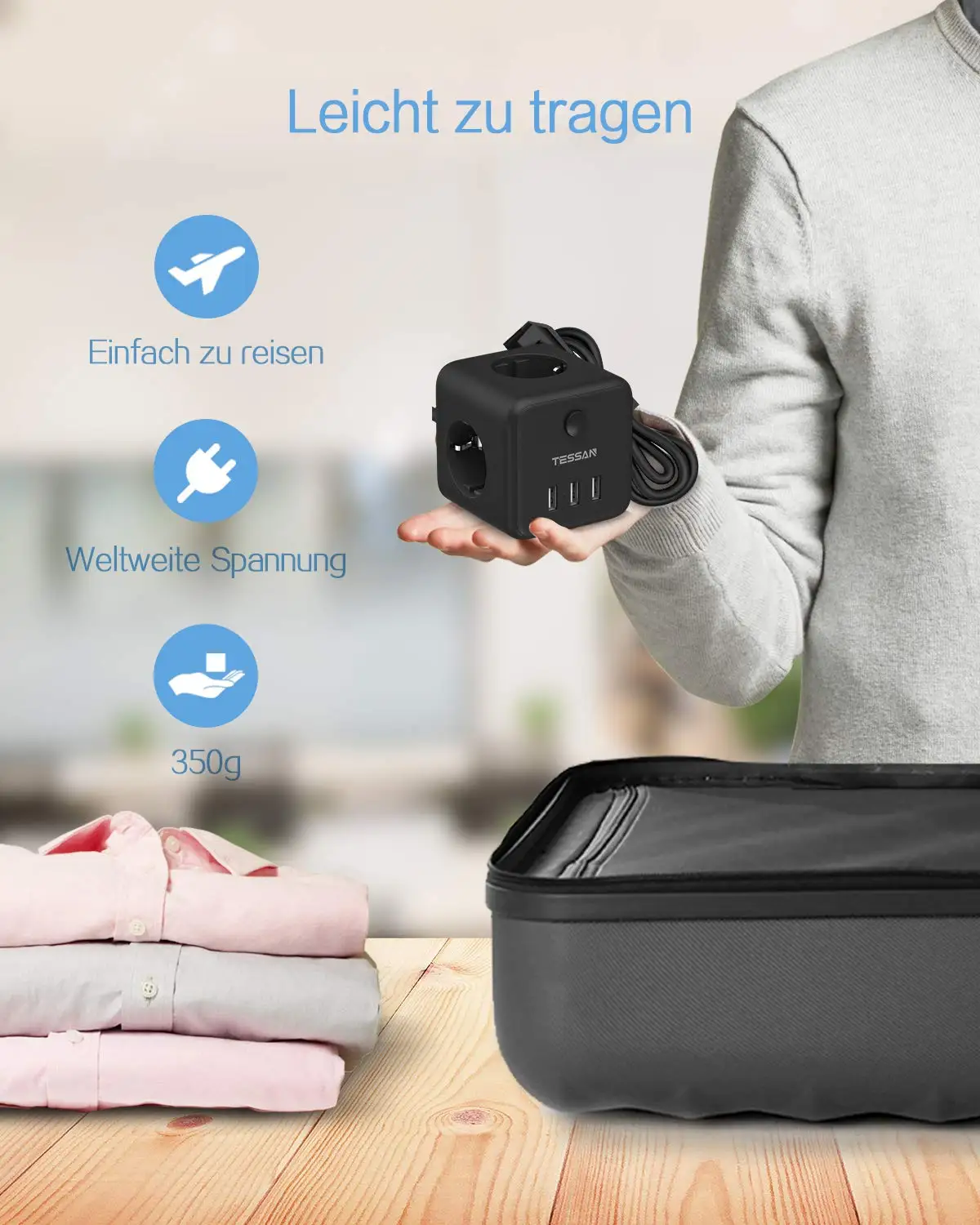

TESSAN Black EU Multiple Socket Power Strip With Switch On/Off 3 AC Outlets 3 USB Ports and 1.5M Extension Cord Surge Protector