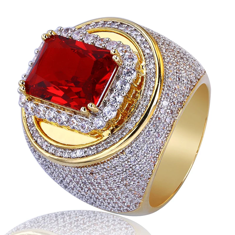

Hip Hop Micro Pave AAA Cubic Zirconia Bling Iced Out Big Red CZ Stone Round Rings for Men Rapper Jewelry Size 7-11