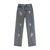 2022 denim trouser for ins street hip hop printing wash jeans loose casual wide leg pants tide female long trousers plus size