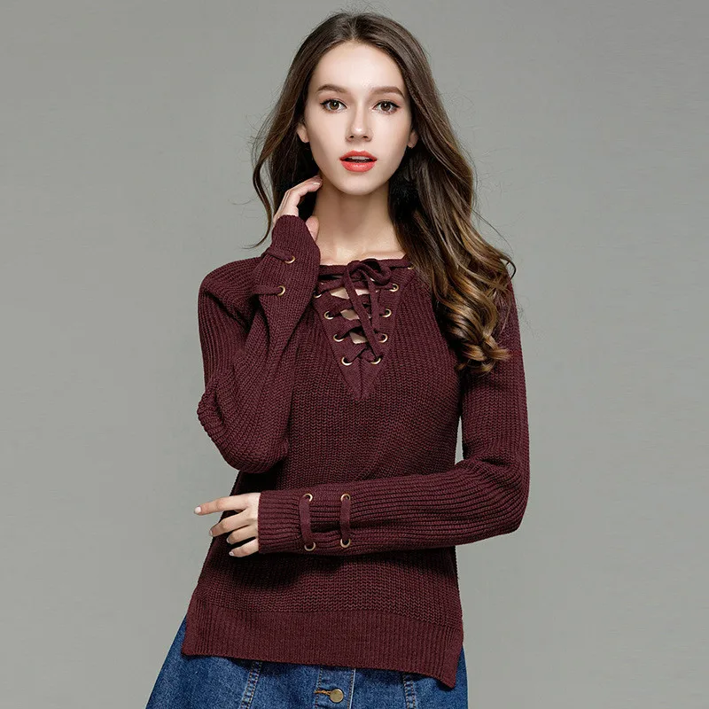 

Girls Fashion Spring V-neck Long Sleeve Lace Up Large Size Sweaters Pullover Women Thin Green Knitwear Autumn Ladies Knitted Top