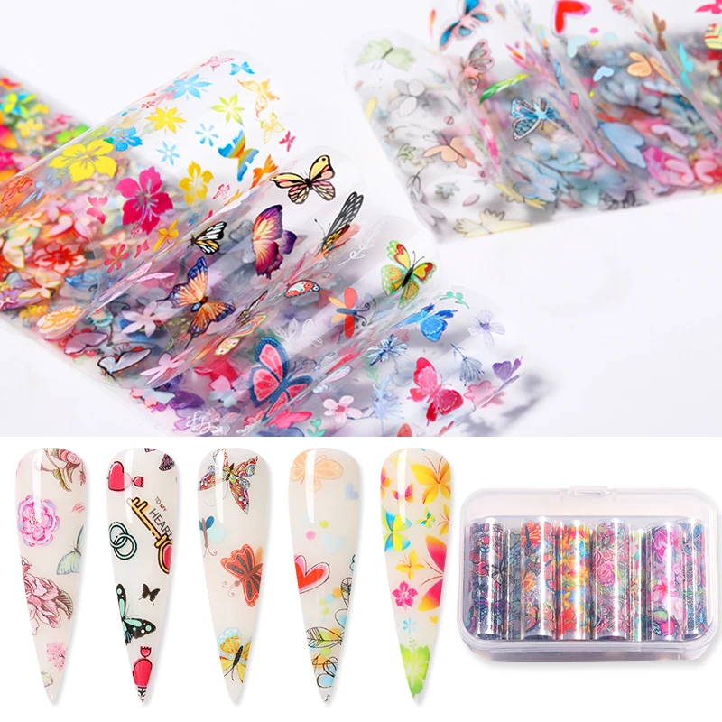 10 рулонов/коробка наклейки из фольги для ногтей цветы бабочки смешанные узоры