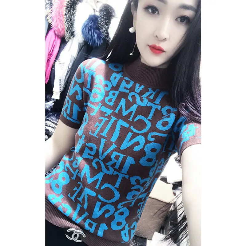 

Spring and summer new fashion letter half high neck short sleeve sweater women's slim foreign style bottomed sweater top