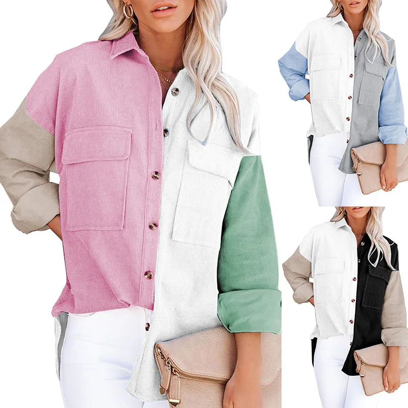 

Women 2021 Fall/winter New Style Contrast Corduroy Lapel Buttoned Shirt Jacket
