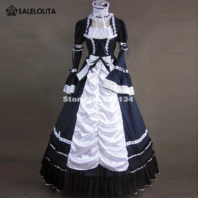 Black and White Cotton Aristocrat Victorian Style Dress Prom Gown Lolita Costume Steampunk Theater Clothing