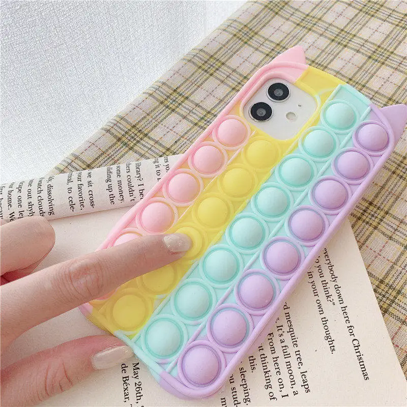 Cute Rainbow Cat Popit Push Bubble Silicone iPhone Case For iPhone11 12 Pro Max Mini X XS XR 8 7 Autism Sensory Fidget Cover | Мобильные