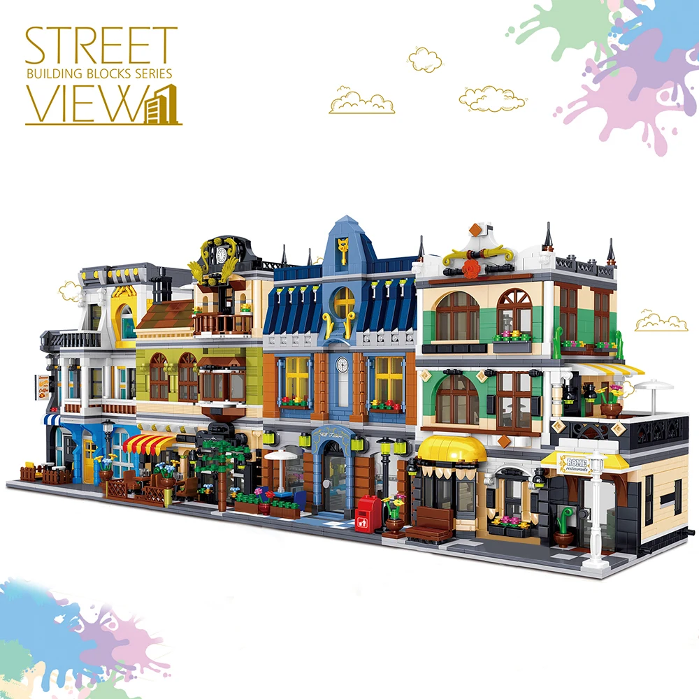 

1367pcs Creator Architecture Building Blocks City Street View Bricks Set Summer Coffee Shop Hill Tavern Toy Gifts For Children