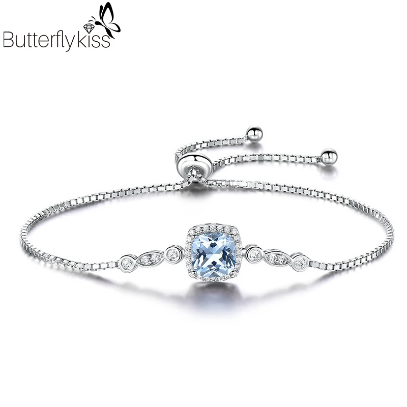BK Небесно Голубой сапфир Браслеты для Для женщин и девочек с простым настоящим 925