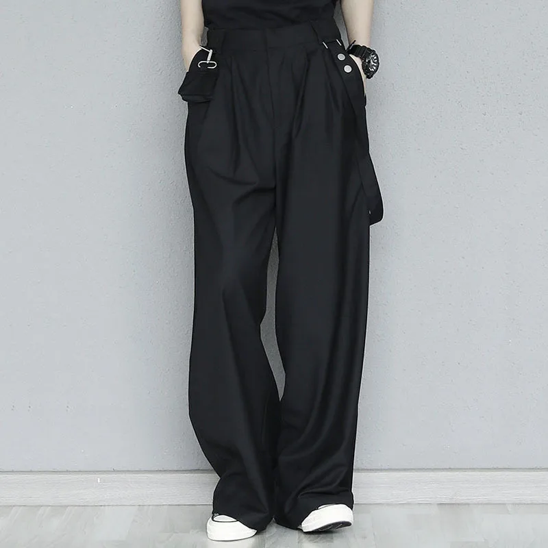 [EAM] High Waist Wide Leg Black Long Pleated Strap Trousers New Loose Pants Women Fashion Tide Spring Autumn 2021 1DD7758