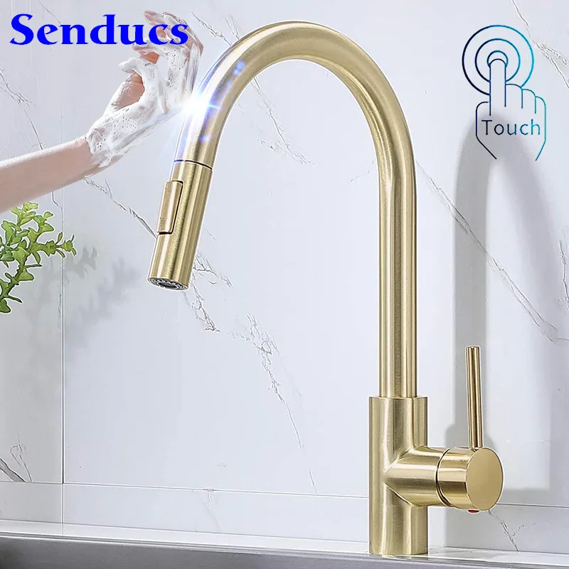 

Brushed Gold Touch Kitchen Faucets Senducs Hot Cold Pull Out Kitchen Faucets Intelligent Smart Touch Kitchen Sink Mixer Tap