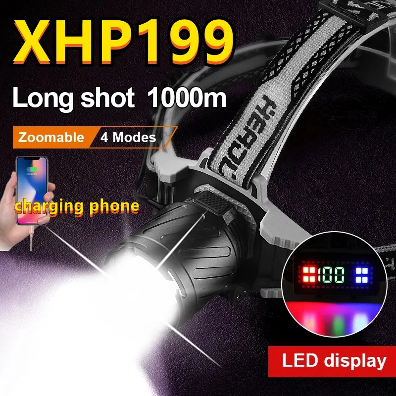 

Портативный суперъяркий светодиодный налобный фонарик 18650 лм XHP199 USB, перезаряжаемый налобный фонарь с увеличением, внешний аккумулятор, нал...