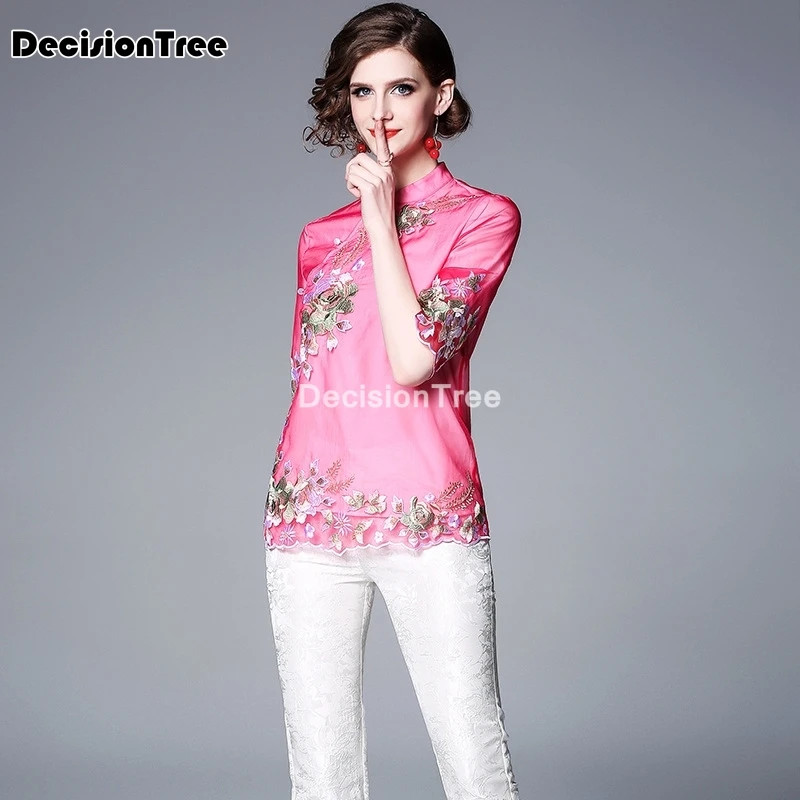 2021 Сетчатая ткань Китайское платье для женщин с вышивкой топ qipao Свободная блузка