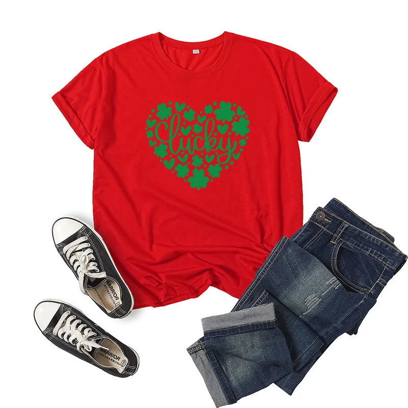 

Lucky Green Heart Print Women T Shirt Short Sleeve O Neck Loose Women Tshirt Ladies Tee Shirt Tops Clothes Camisetas Mujer