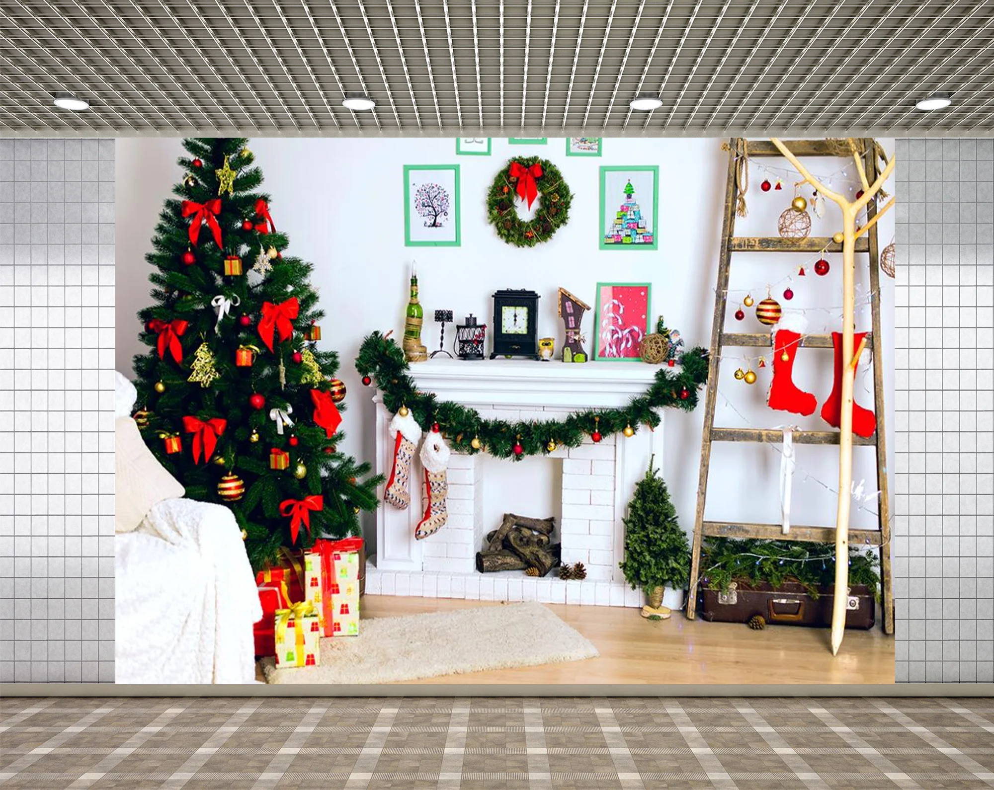 

Lyavshi Рождественский фон для фотосъемки с деревянным лестница сосна камин задний план подарки украшения аксессуары для фотостудий реквизит ...