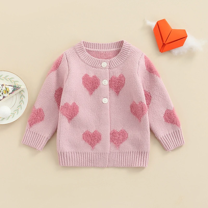 Newborn Baby Girls Heart Sweater Button Knitted Sweater Cardigan Baby Spring Fall Cardigan Jackets Valentines Day Clothes
