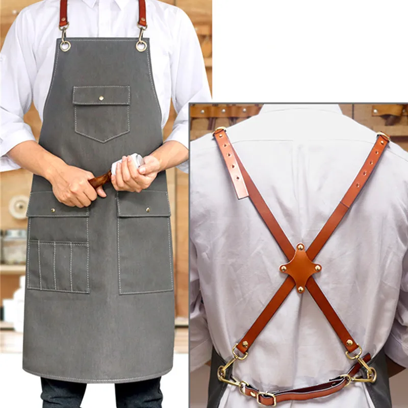 Серый джинсовый фартук ремешок из воловьей кожи бариста микстролога