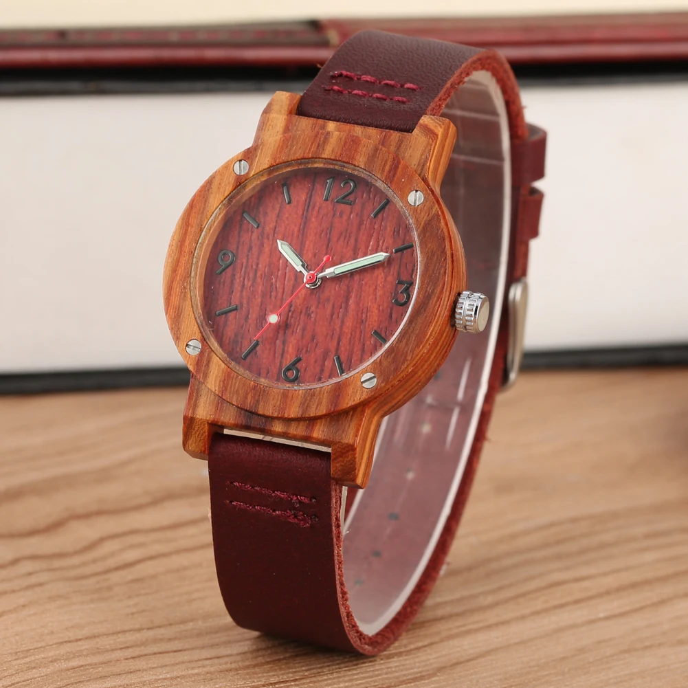 

Handmade Cherry Wooden Watch for Women Female Stylish Quartz Wooden Watches Cherry Strap with Pin Buckle Wooden Wristwatch