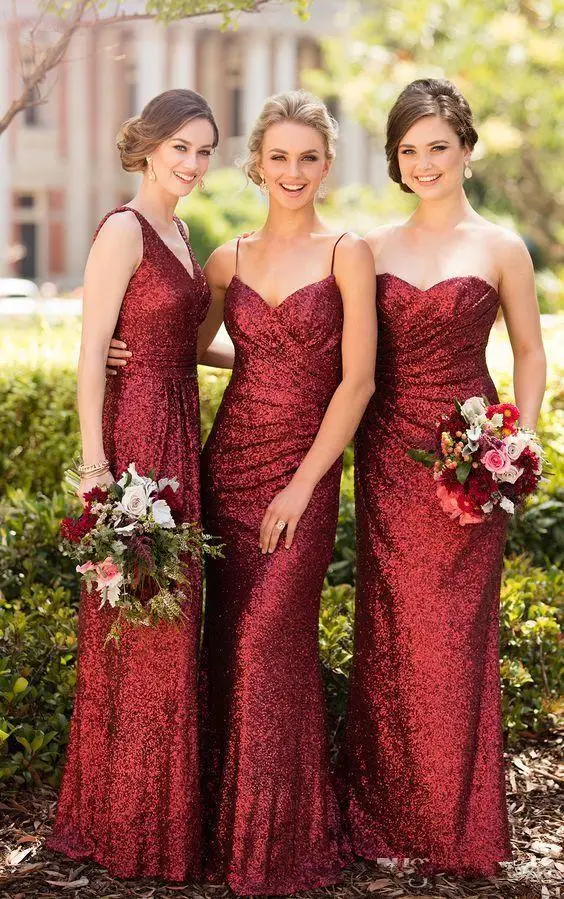 

vestido de festa longo robe demoiselle d'honneur 2018 Wedding Party gown Sparkly Burgundy Sequined cheap Bridesmaid Dresses