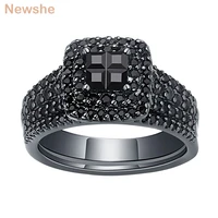 newshe 2 pieces elegant fashion black wedding engagement ring set for women cross cut aaa cubic zircon jewelry qr0763wg