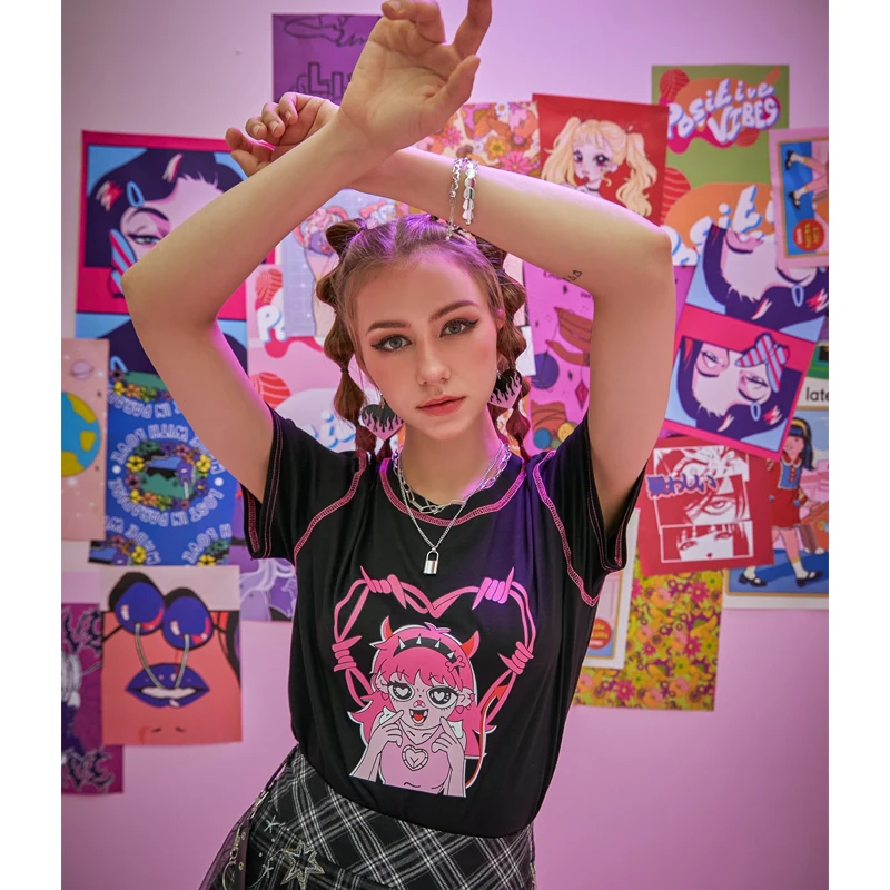 

2021 Autumn And Winter New European And American Foreign Trade Girls' Printed Slim Fit Women's Short Sleeve Printed T-shirt