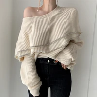 temperament flounces stitching knit sweater loose off shoulder long sleeve sweaters female womens winter sweaters 2021