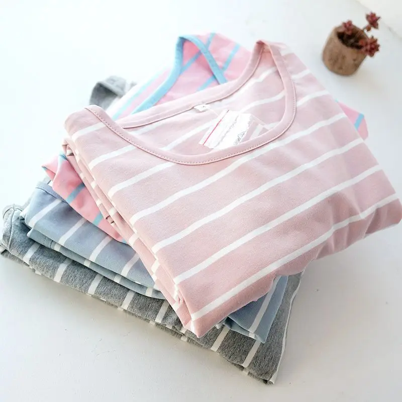 Летние ночные рубашки милые трикотажные хлопковые полосатые пижамы с короткими