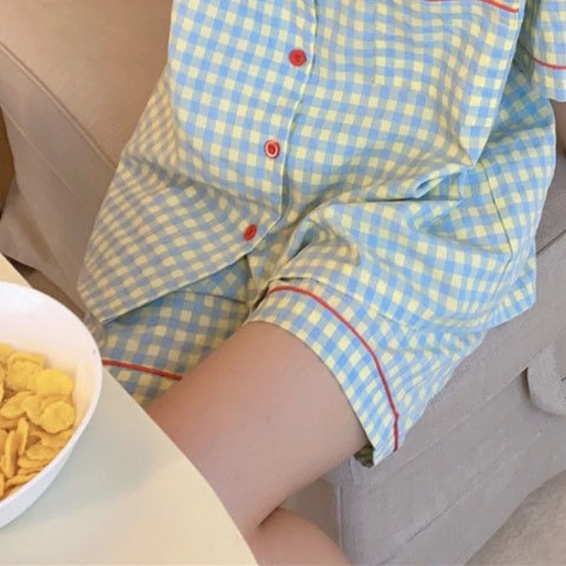 

Pajama Sets Women Plaid Summer Turn Down Collar Fashion Simple Soft Chic Leisure Nightwear Female Single Breasted Outerwear Kpop