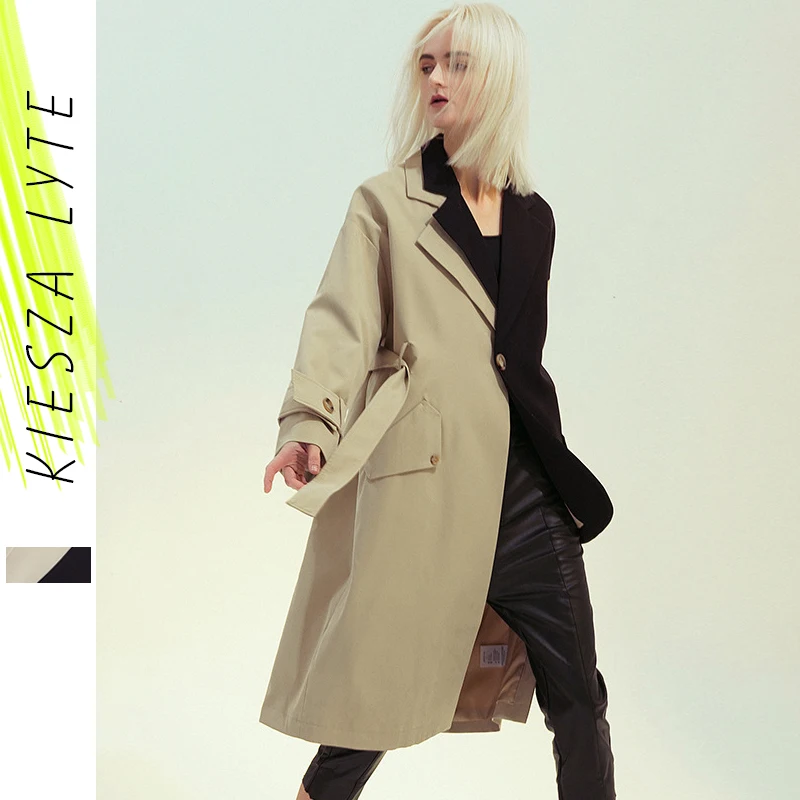 

Fashion Sashes Long Trench Coats Women Office Lady Patchwork Coat Chic Asymmetry Windbreaker Jackets Casual Outwear