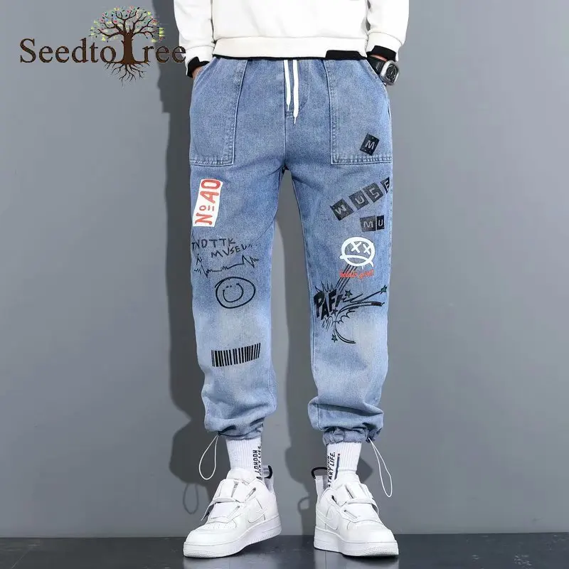 Printed Korean Men's Jeans Loose Denim S-5XL Large Size Casual Pants Hip Hop Cargo Pants Overalls