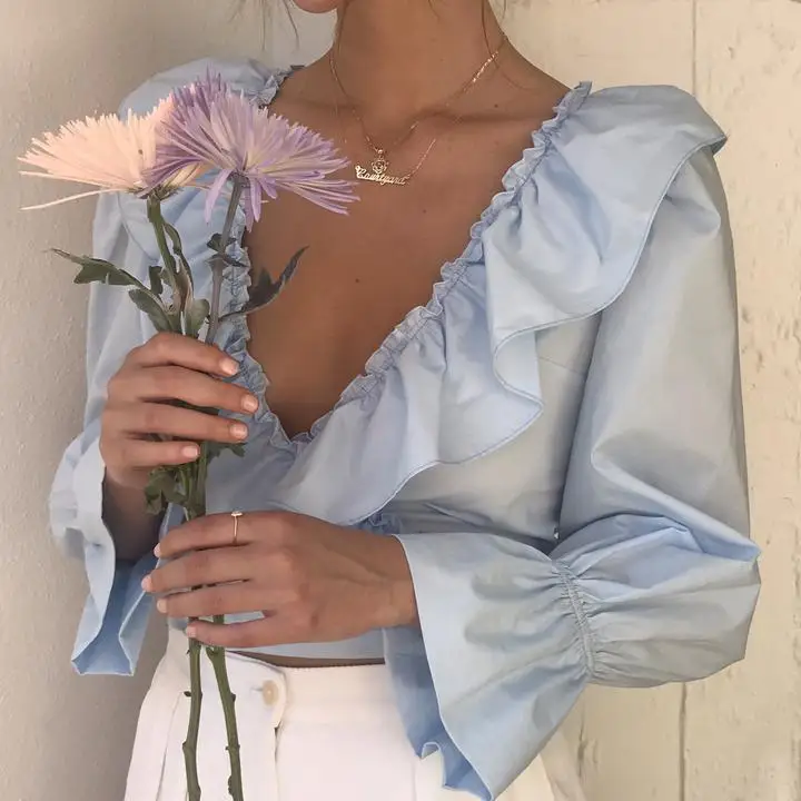 

New Fashion Summer Autumn Women's Crop Tops Blouse Deep V-neck Long Sleeve Ruffled Blouses Slim Fit Short Blouse Solid Shirts