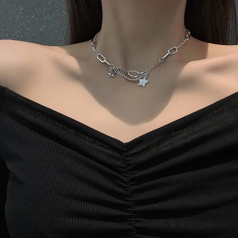 

Stainless Steel Punk Neck Chains Accessories For Women Fashion Silver Plated Hip Hop Jewelry Zircon Star Pendant Choker Necklace
