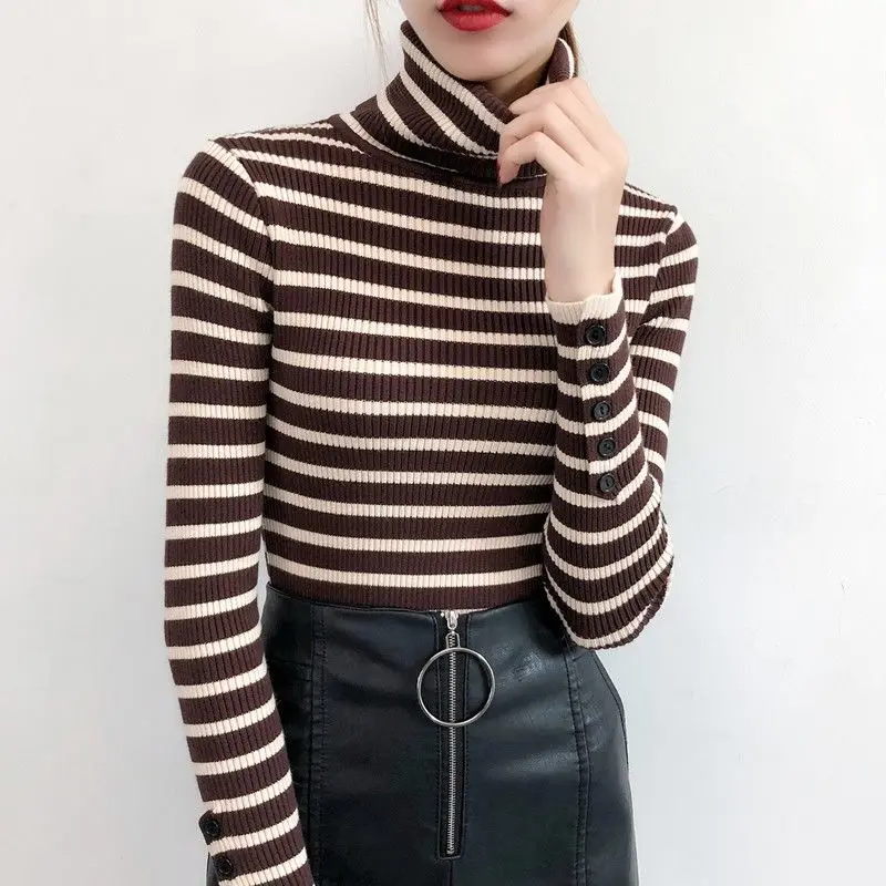 Водолазка джемпер женский 2021 осень зима Повседневный полосатый облегающий