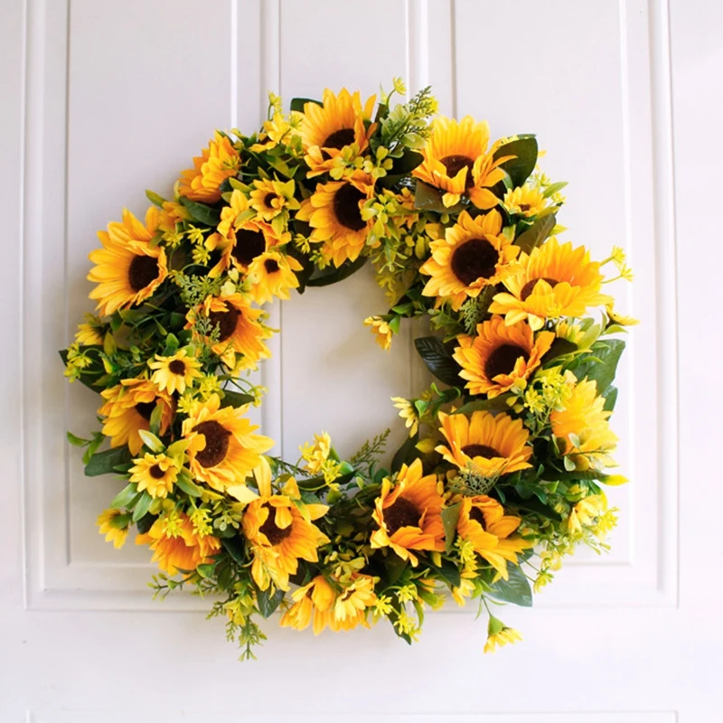 

NEW-Artificial Sunflower Summer Wreath-16 Inch Decorative Fake Flower Wreath With Yellow Sunflower And Green Leaves For Front Do