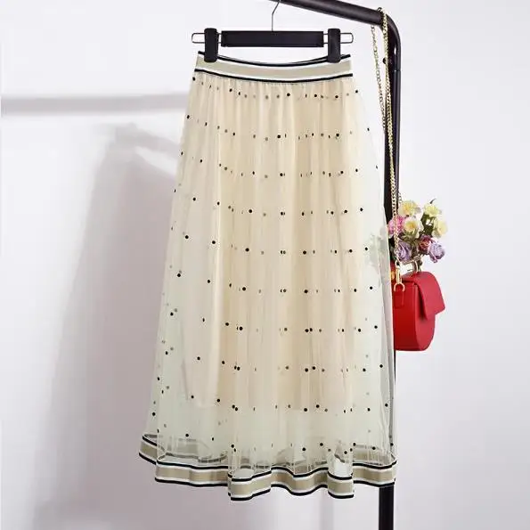 Сетчатая юбка в горошек женская черная белая розовая модная до середины икры