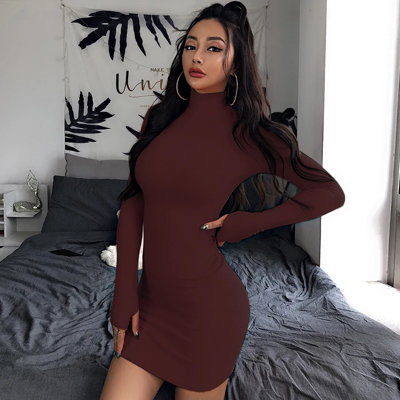 

Turtleneck Long Sleeve Skinny Mini Dress Women Autumn Sexy Robe Sporting Style Dresses Bodycon Slim Yellow Party Clubwear Dress