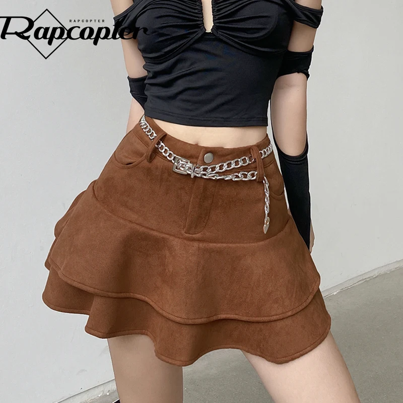 

Rapcopter Chain Sashes Pleated Skirts Brown Korean Kawaii Retro Mini Skirts Grunge Fairycore High Waisted Punk Skirts Women 90s