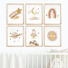 Мультфильм планеты ракеты Радуга Солнце Луна облако питомник стены искусства холст живопись плакаты и принты Декор фотографии детская комната