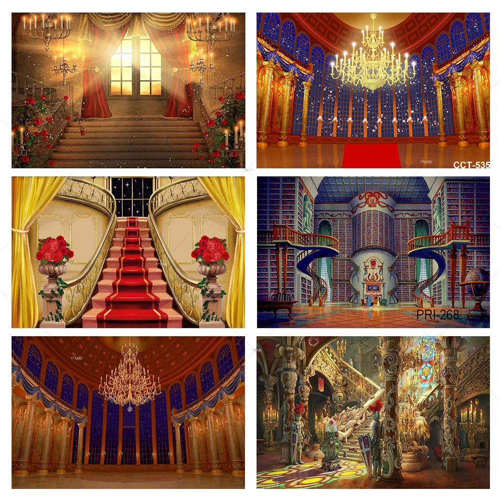 

Beauty Backdrops for Photography Beast Red Carpet Stairs Party Background Opera Castle Palace Ballroom Wedding Backdrops Decor
