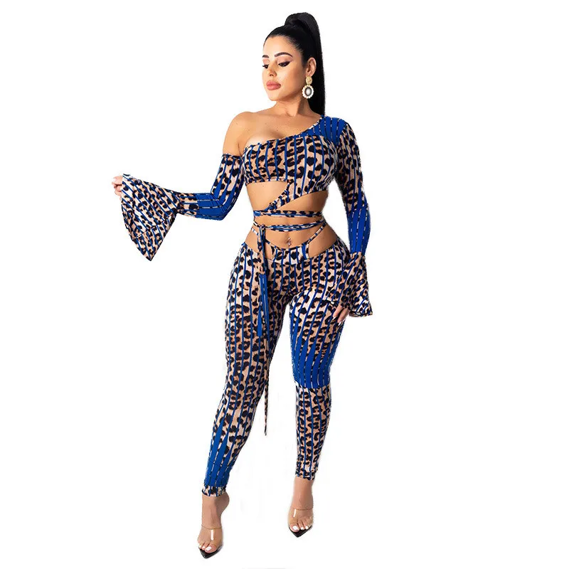 

Blue Leopard Sexy 2 Piece Sets Womens Club Outfits Flare Long Sleeve Crop Top and Pants Matching Sets