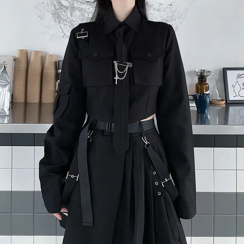 

Gothic Punk Black Shirt Harajuku Dark Loose Casual Tooling Long Sleeve Student All-match Top and Mini Skirt Women 2 Pice Sets 50