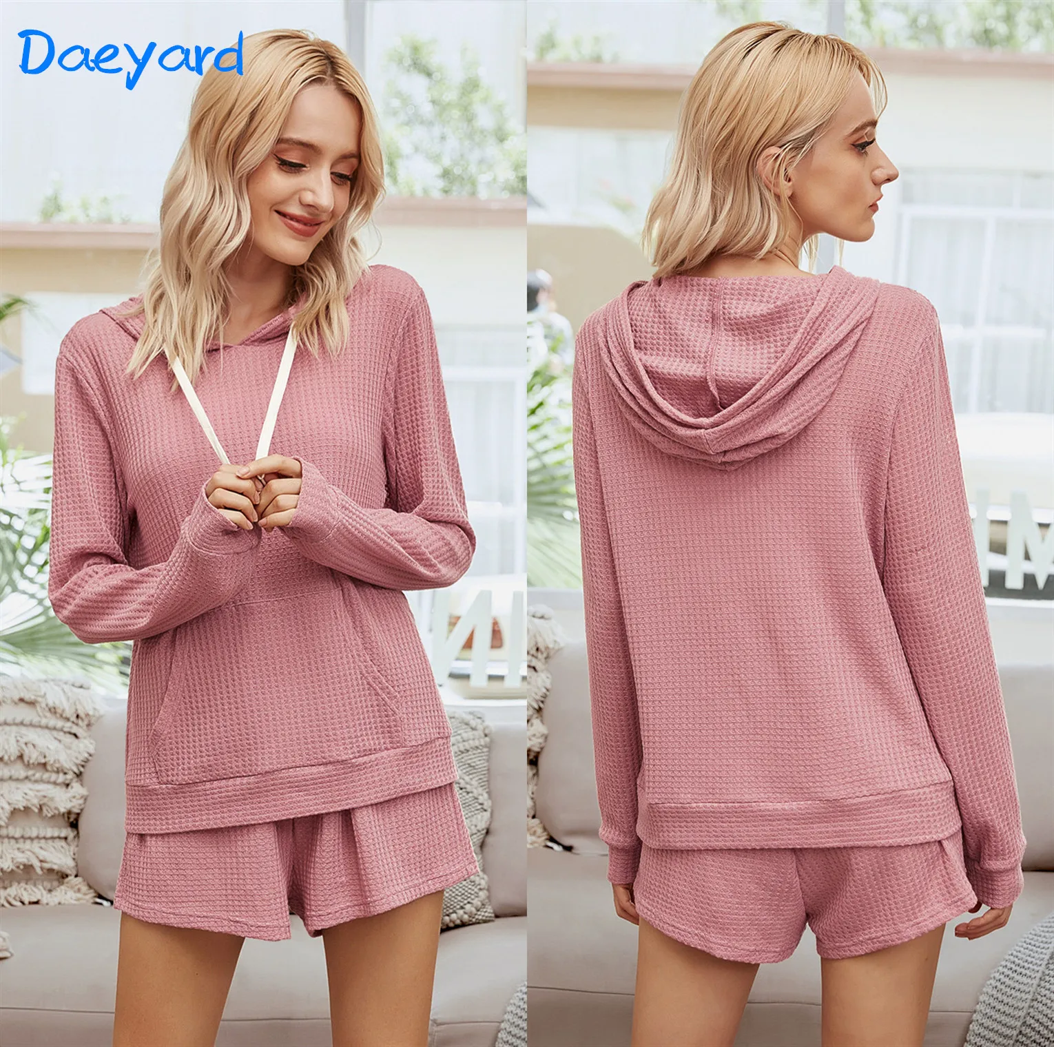 

Daeyard Women's Long Sleeve Pajama Set Hooded Top And Shorts 2 Pieces Leisure Home Suit Knitted Cotton Blend Pyjamas Sleepwear