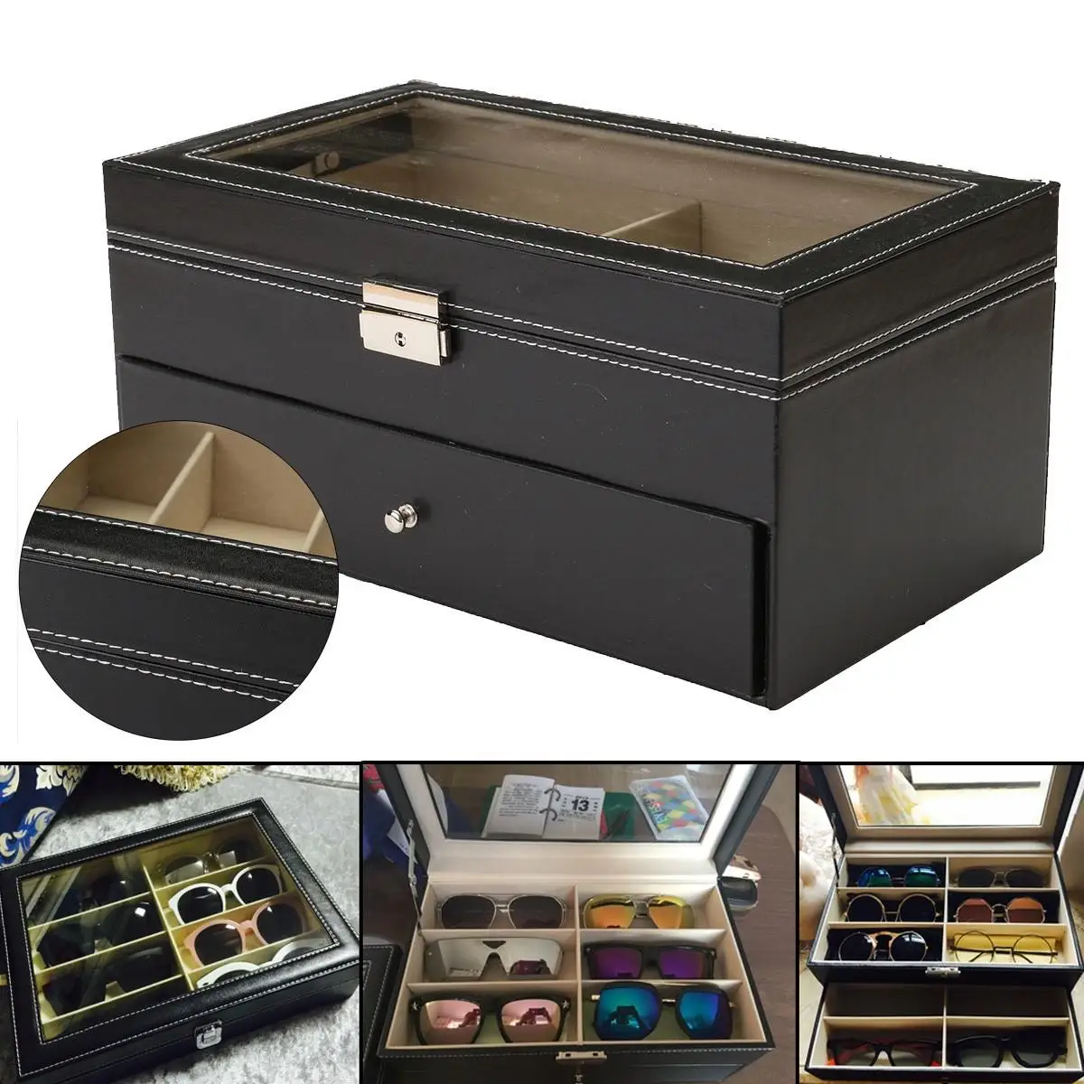 

6-12-Lattices-Black-Oversized-Wood-Sunglasses-Display-Grid-Case-Eyeglasses-Organizer-Eyewear-Glasses-Storage-Box-Holder