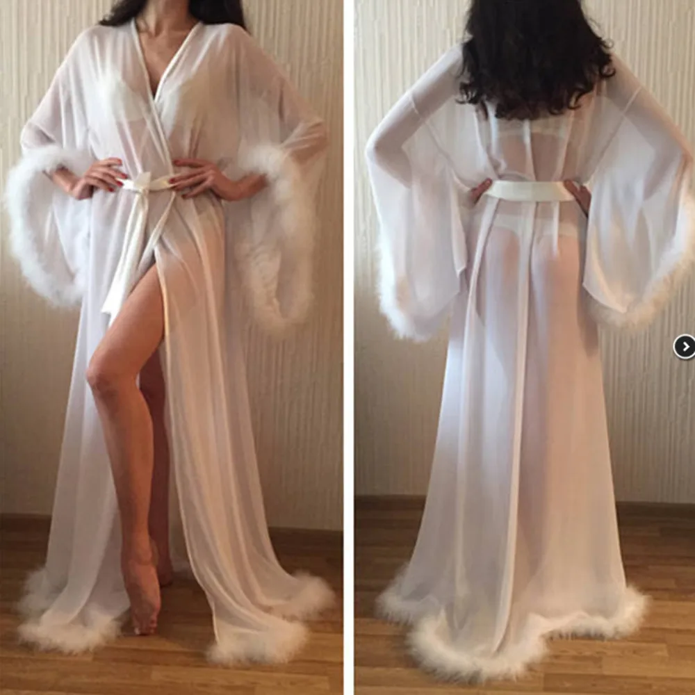 Women's Feather Bathrobe Wedding Shawl Long Wedding Scarf Illusion Chiffon Bridal Robe Sleepwear Dressing Gown Maternity Dress