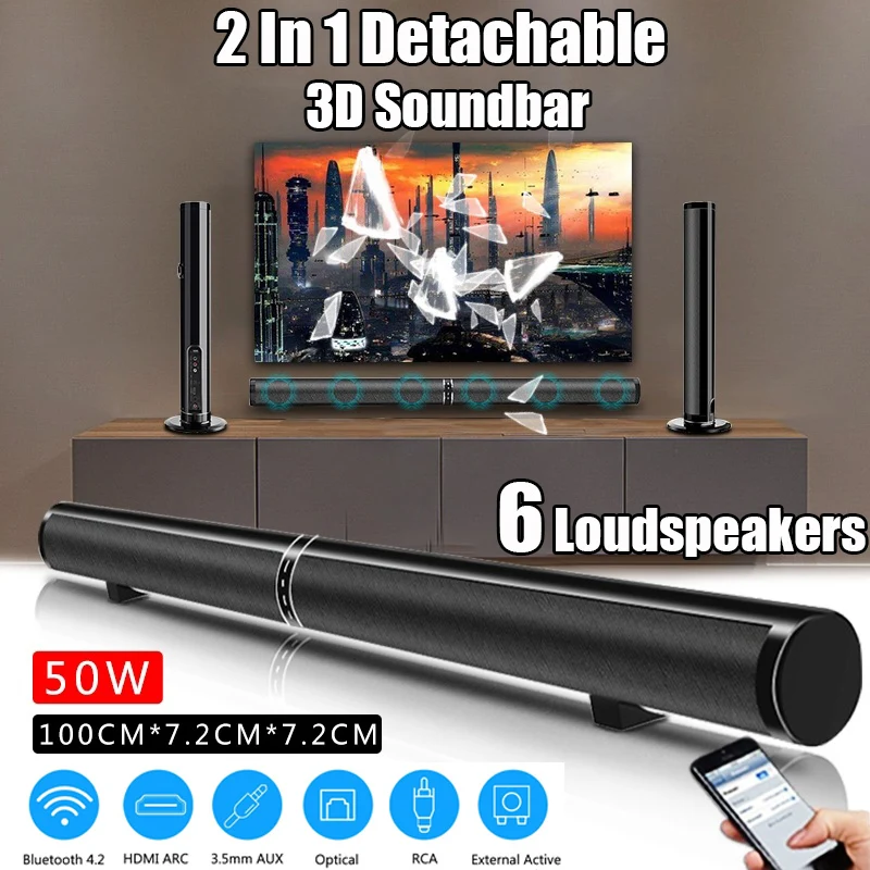 

Detachable 50W Wireless Bluetooth Soundbar Bass Stereo Speaker Support RCA AUX For Home Theatre Computer/PC Wall Subwoofer