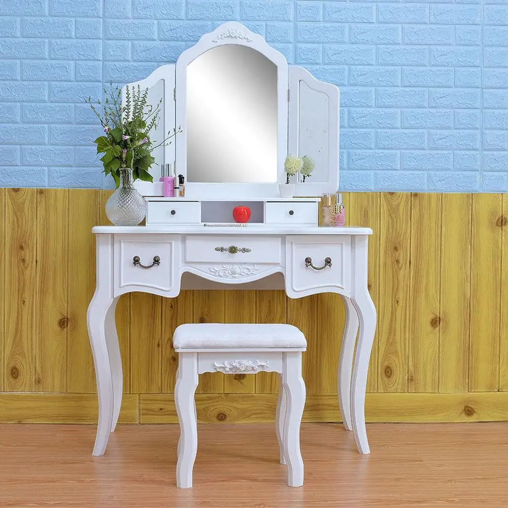 

Modern Dressing Table Home Bedroom Dressing Table Tri-Folding Mirror Drawers Dressing Table Vanity Makeup Desk Stool Set