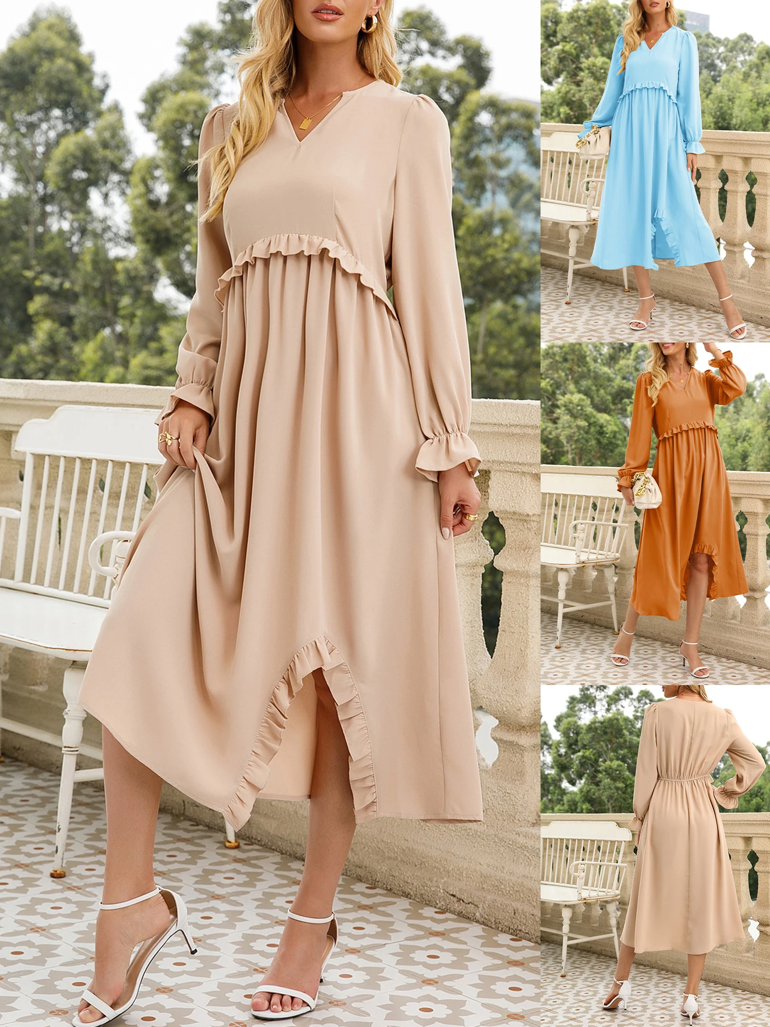 

Women Casual Loose V Neck Ruffle Long Sleeve Midi Dress Lady Fashion Solid Color Elegant Mid-calf Dresses Mulheres Vestido médio