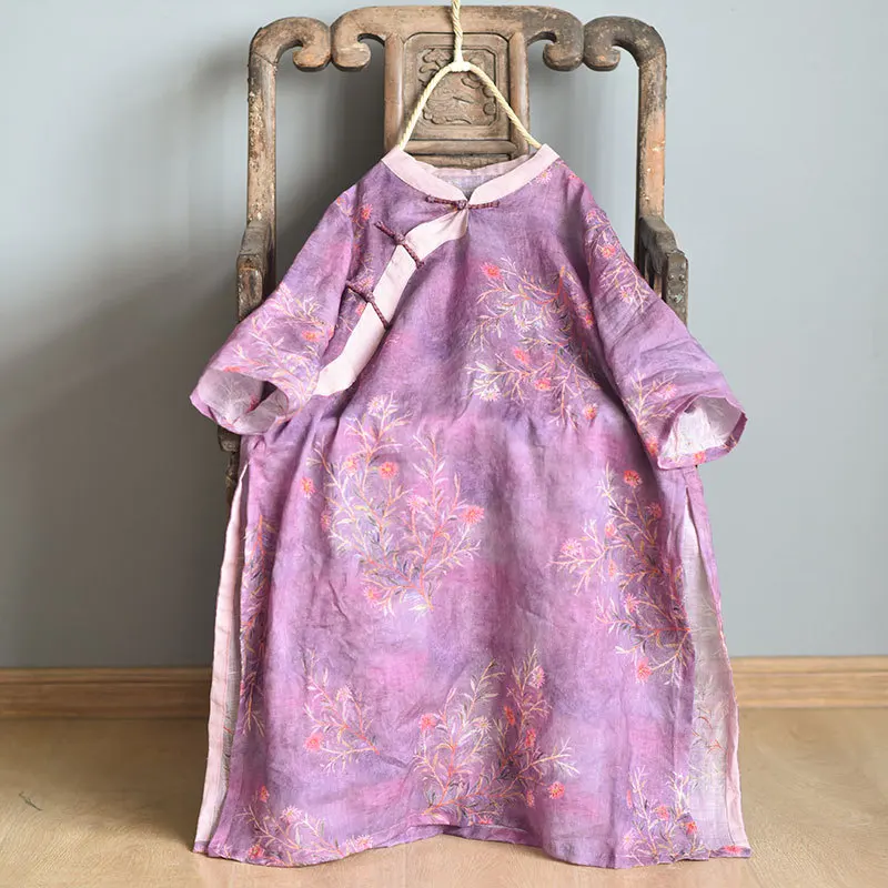 

Women Loose Printed Long Tops Ladies Vintage Print Ramie Shirts Female 2020 Ramie Stand Collar Chinese Style Blouse Shirt